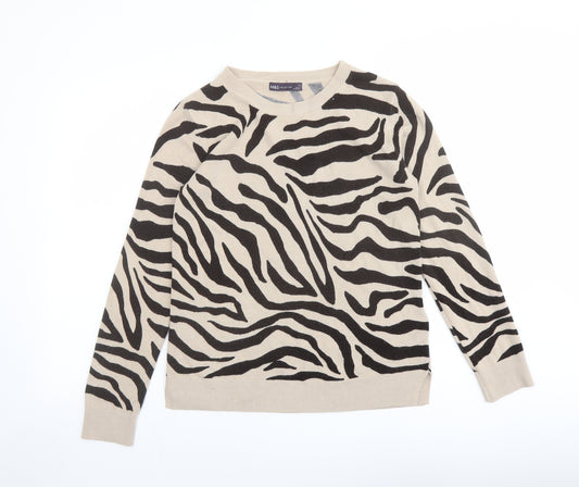 Marks and Spencer Womens Beige Round Neck Animal Print Acrylic Pullover Jumper Size 12 - Zebra print