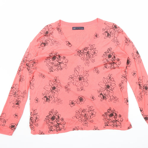 Marks and Spencer Womens Pink V-Neck Floral Acrylic Pullover Jumper Size M