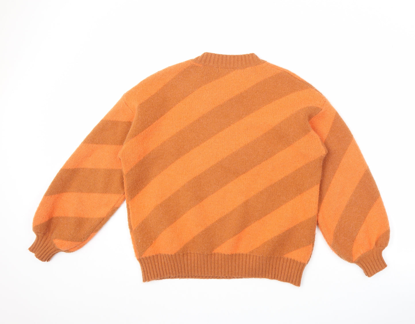 Warehouse Mens Orange Round Neck Striped Acrylic Pullover Jumper Size S Long Sleeve