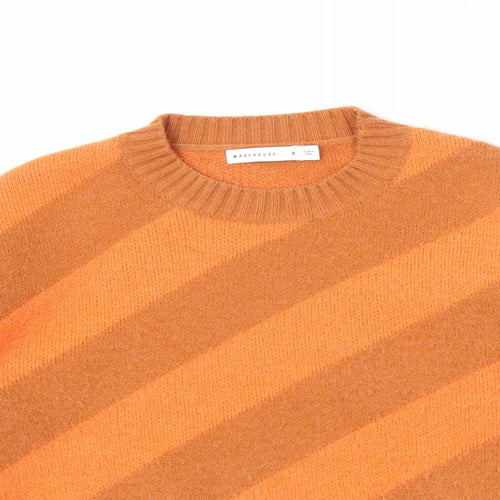 Warehouse Mens Orange Round Neck Striped Acrylic Pullover Jumper Size S Long Sleeve