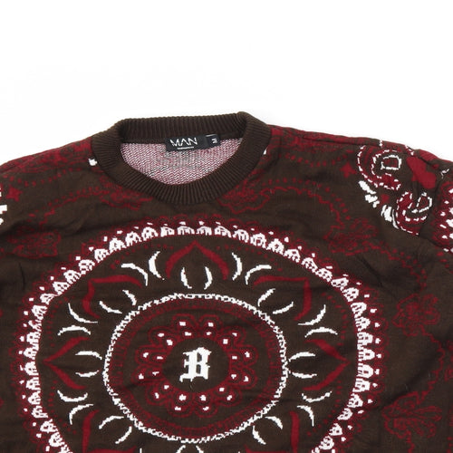 Boohoo Mens Brown Round Neck Paisley Acrylic Pullover Jumper Size M Long Sleeve