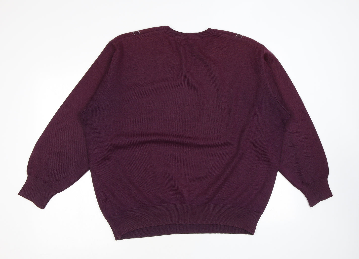 Gabicci Mens Purple V-Neck Check Wool Pullover Jumper Size 2XL Long Sleeve