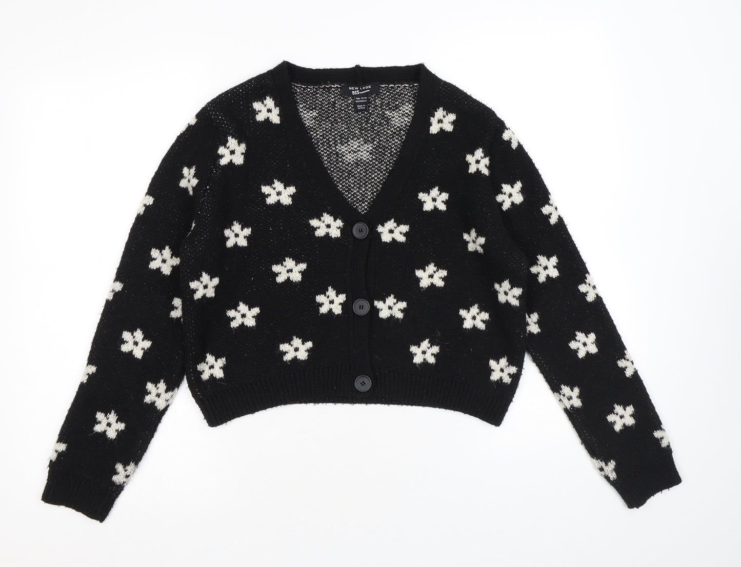 New Look Girls Black V-Neck Floral Acrylic Cardigan Jumper Size 12-13 Years Button