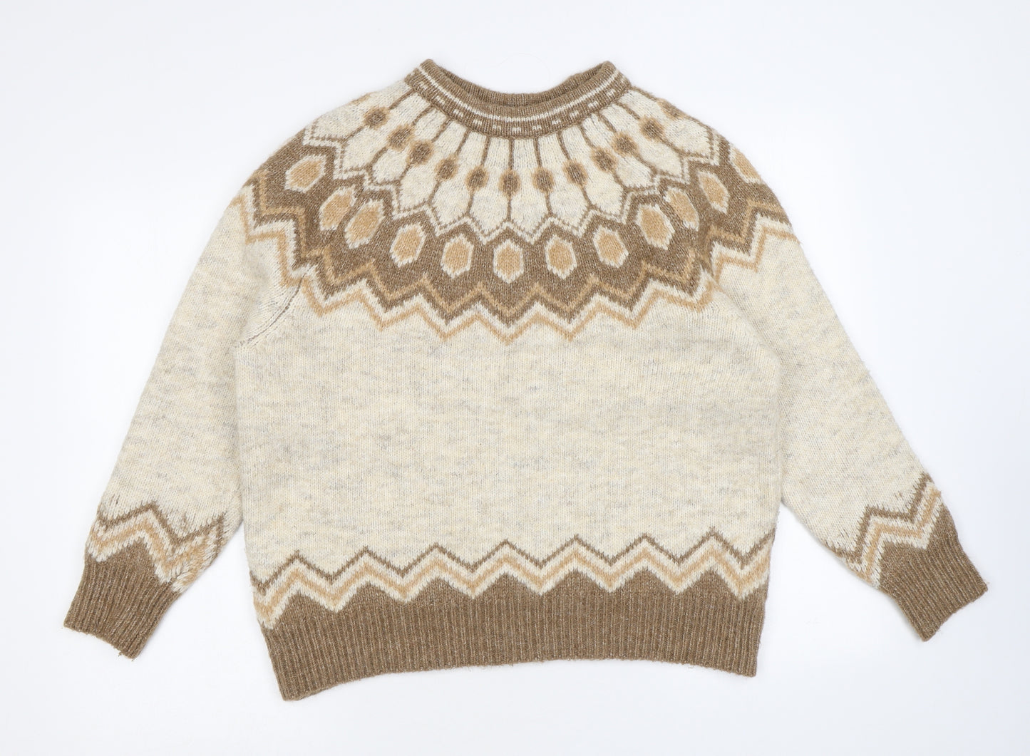 Pull&Bear Womens Beige Round Neck Geometric Polyester Pullover Jumper Size S