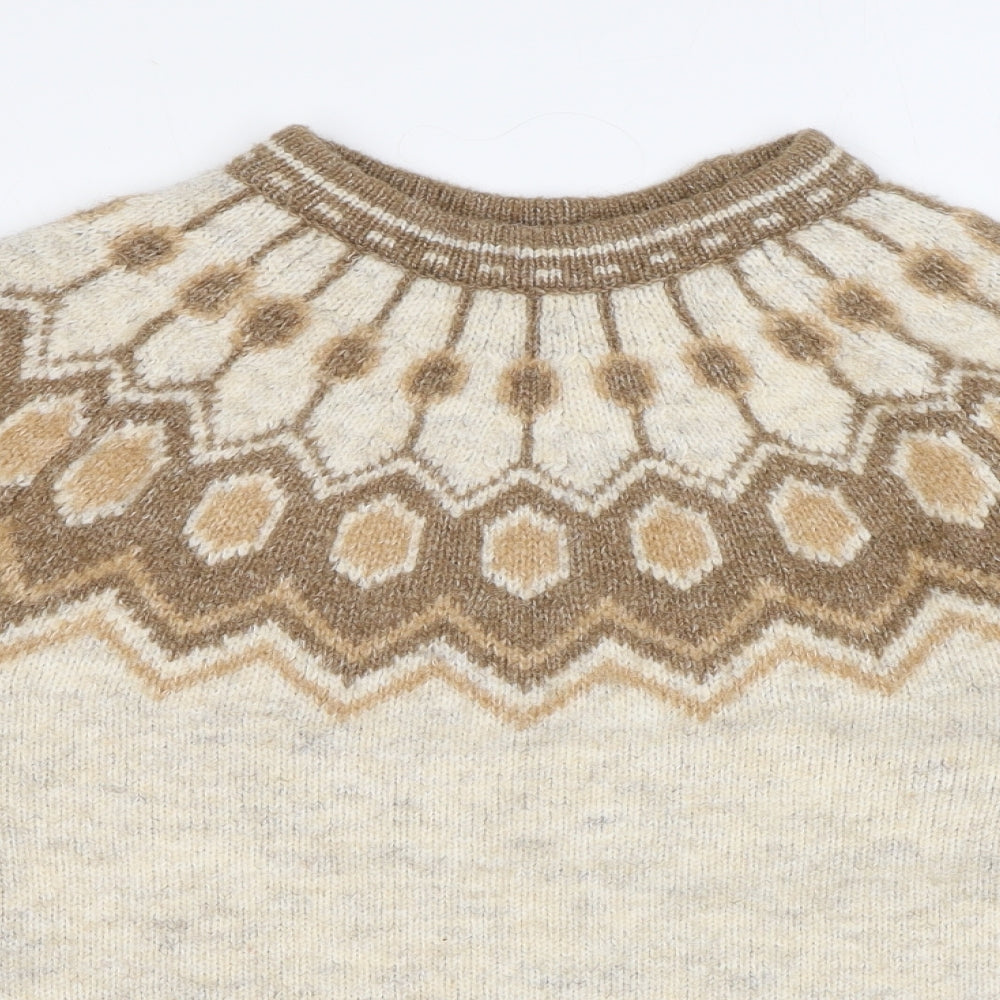 Pull&Bear Womens Beige Round Neck Geometric Polyester Pullover Jumper Size S