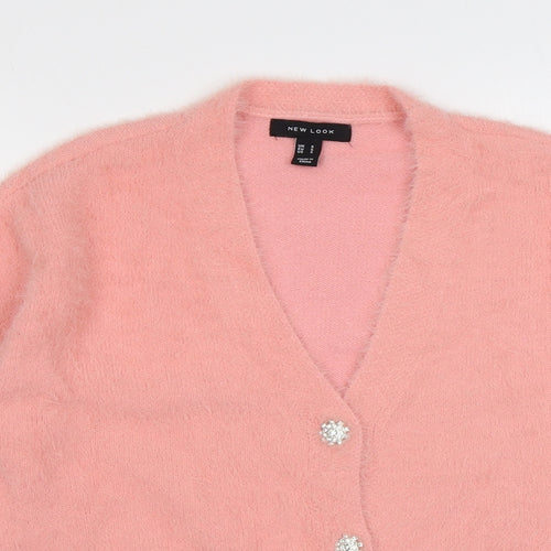 New Look Womens Pink V-Neck Polyamide Cardigan Jumper Size S - Flower Buttons