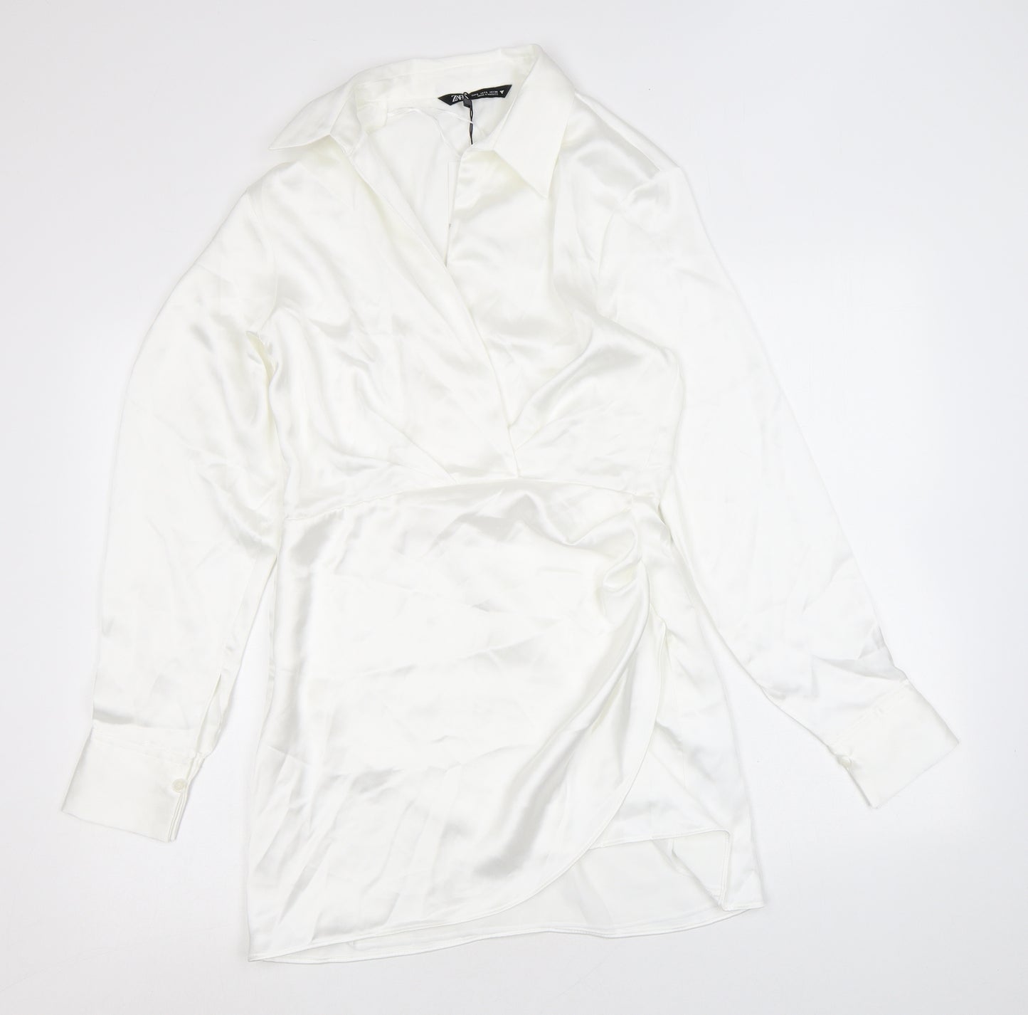 Zara Womens White Polyester A-Line Size S Collared Zip