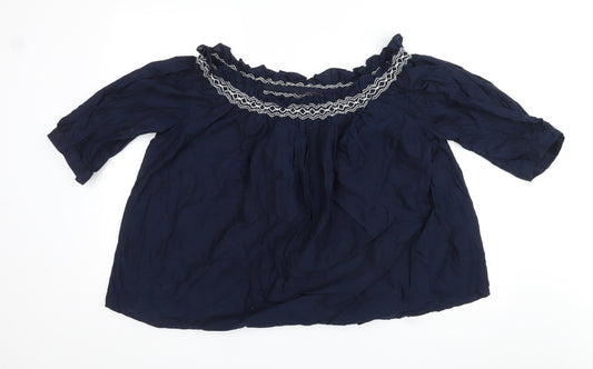 Marks and Spencer Womens Blue Cotton Basic Blouse Size 14 Off the Shoulder - Embroidered Detail