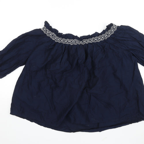 Marks and Spencer Womens Blue Cotton Basic Blouse Size 14 Off the Shoulder - Embroidered Detail
