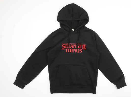 Stranger Things Mens Black Polyester Pullover Hoodie Size S - Drawstrings, Logo