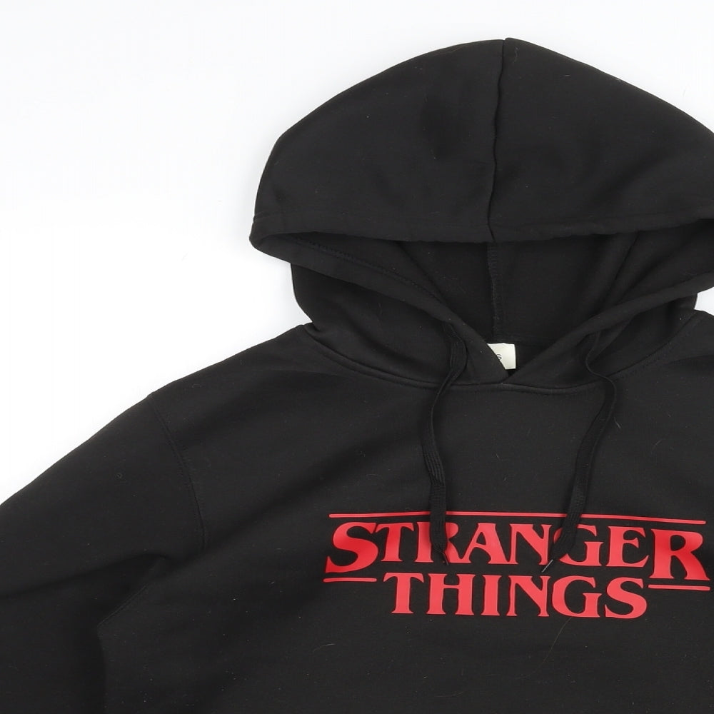 Stranger Things Mens Black Polyester Pullover Hoodie Size S - Drawstrings, Logo