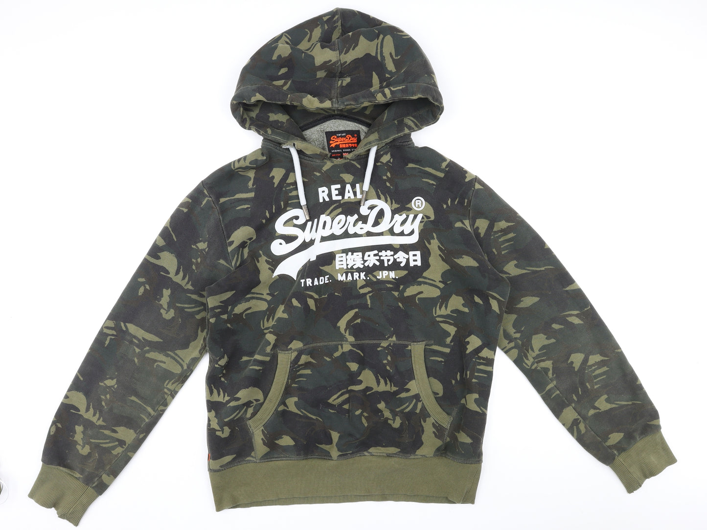 Superdry Mens Green Camouflage Cotton Pullover Hoodie Size XL - Logo, Pocket, Drawstring