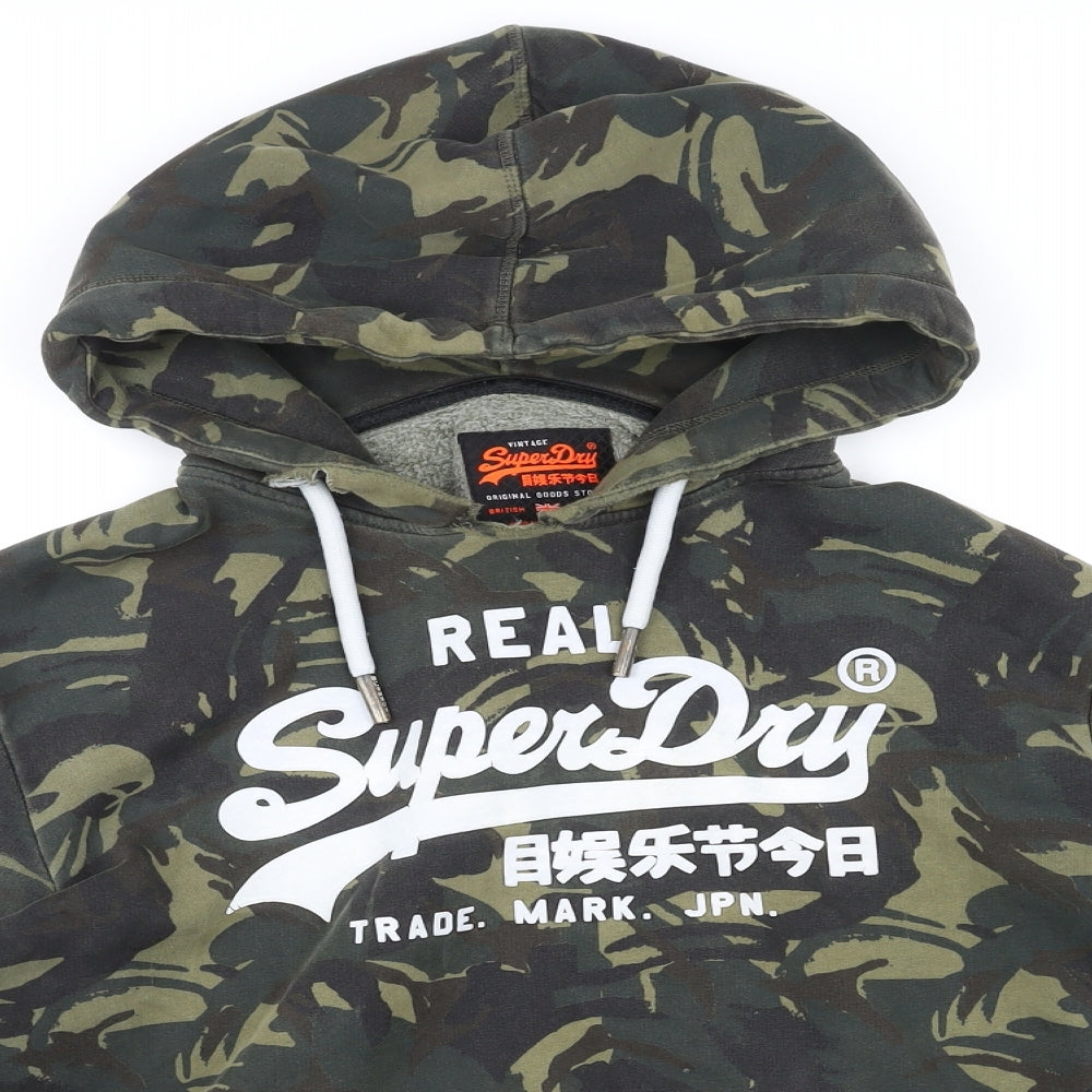 Superdry Mens Green Camouflage Cotton Pullover Hoodie Size XL - Logo, Pocket, Drawstring