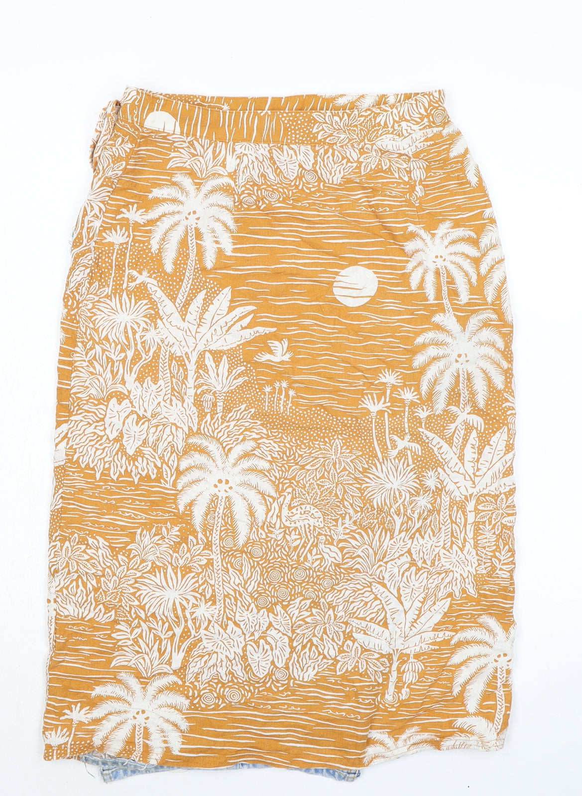 H&M Womens Yellow Geometric Linen Wrap Skirt Size 12 Tie - Denim Insert