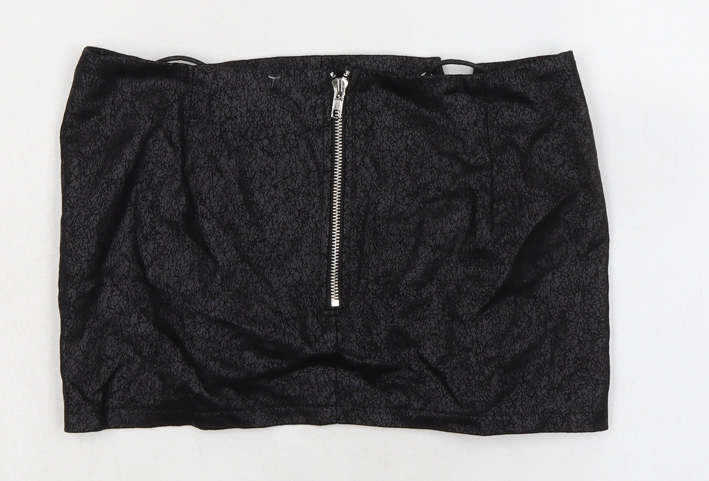 PRETTYLITTLETHING Womens Black Polyurethane Mini Skirt Size 10 Zip - Tie Front Detail