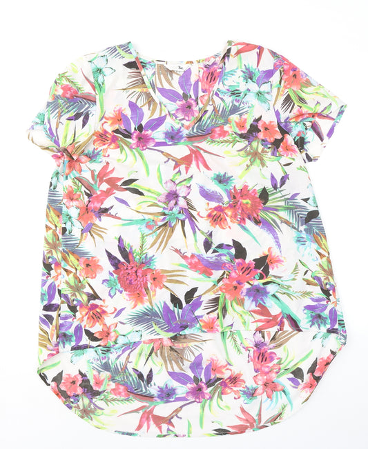 Label Be Womens Multicoloured Floral Polyester Basic T-Shirt Size 14 V-Neck