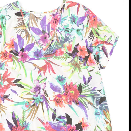Label Be Womens Multicoloured Floral Polyester Basic T-Shirt Size 14 V-Neck