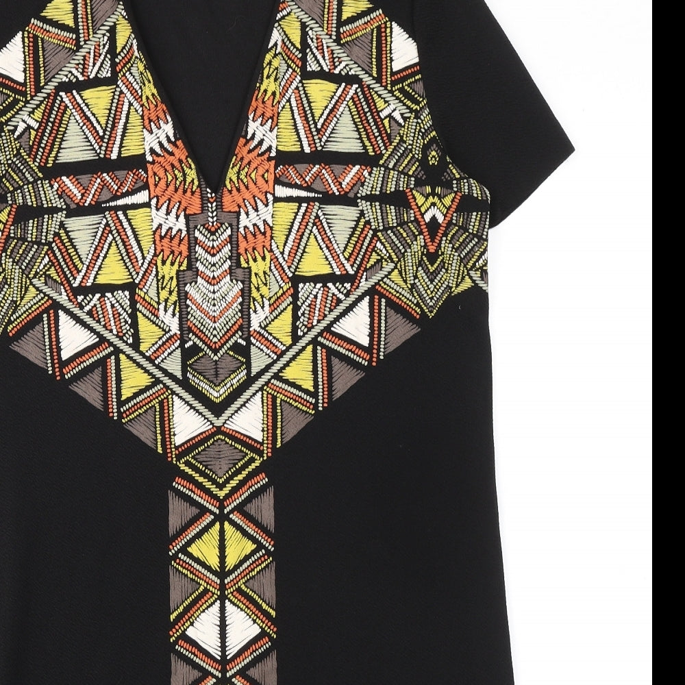 Zara Womens Black Geometric Polyester Kaftan Size S V-Neck Pullover