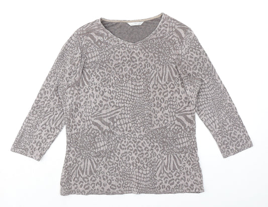 Marks and Spencer Womens Grey Animal Print Acetate Basic T-Shirt Size 16 V-Neck - Leopard Print
