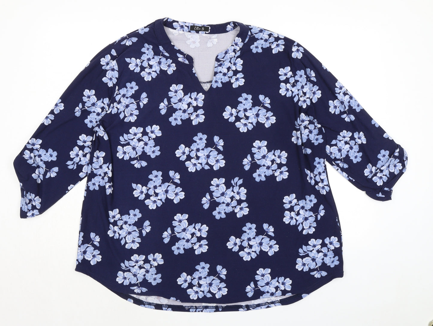 Ellie B Womens Blue Floral Polyester Basic Blouse Size XL V-Neck