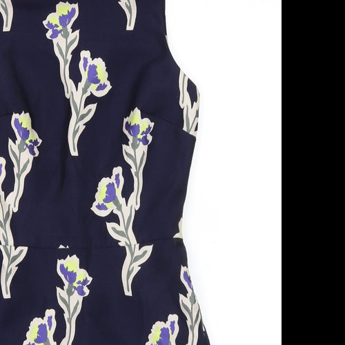 Warehouse Womens Blue Floral Polycarbamide Pencil Dress Size 8 Crew Neck Zip