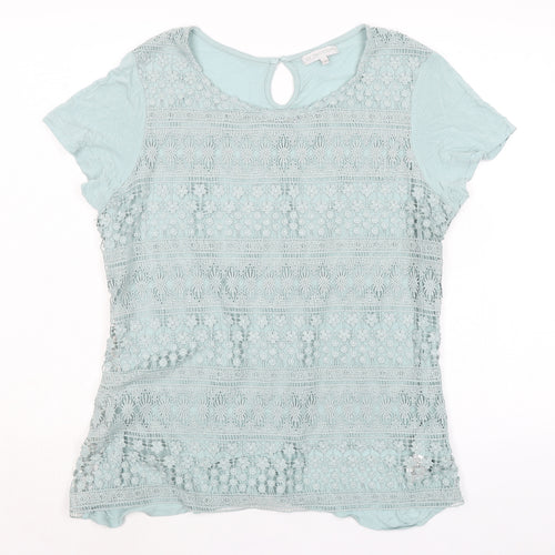 RJR.John Rocha Womens Green Floral Viscose Basic T-Shirt Size 18 Round Neck - Crochet Trim