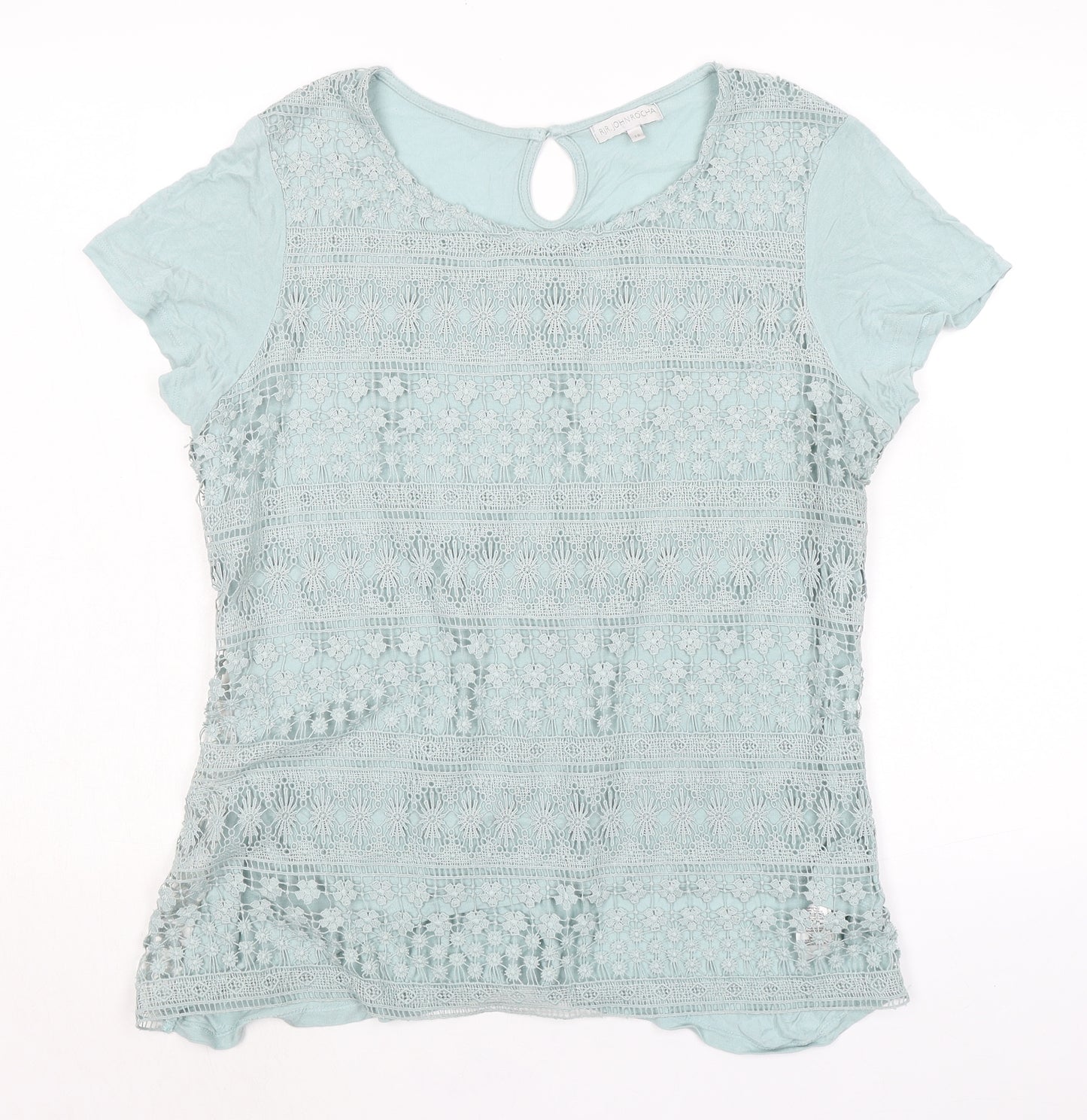 RJR.John Rocha Womens Green Floral Viscose Basic T-Shirt Size 18 Round Neck - Crochet Trim