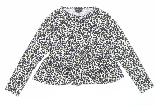 Wednesday's Girl Womens Beige Animal Print Polyester Basic T-Shirt Size M Round Neck - Leopard Print
