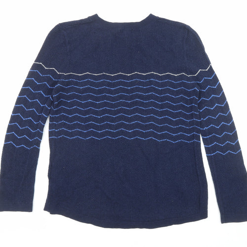Jigsaw Womens Blue Round Neck Wool Pullover Jumper Size M - Zig Zag Pattern
