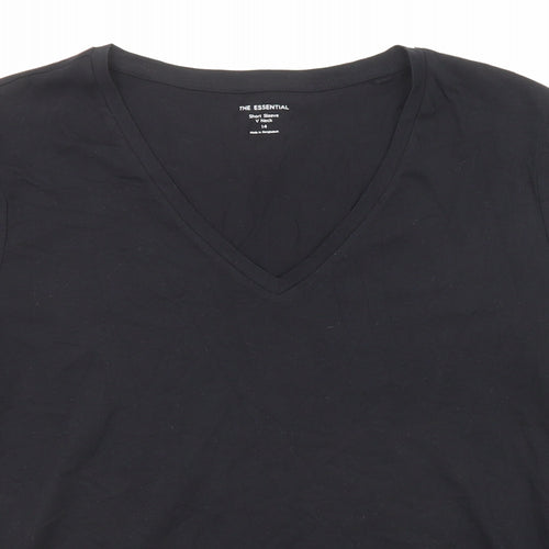 Marks and Spencer Womens Black Cotton Basic T-Shirt Size 14 V-Neck