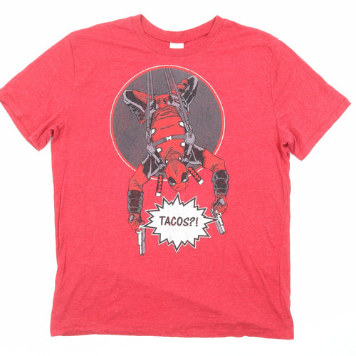Marvel Mens Red Polyester T-Shirt Size L Crew Neck - Deadpool Tacos?!