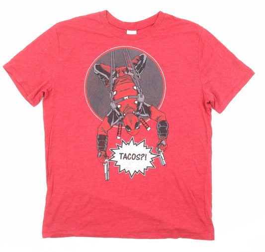 Marvel Mens Red Polyester T-Shirt Size L Crew Neck - Deadpool Tacos?!
