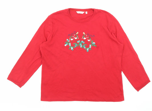 EWM Womens Red Cotton Basic T-Shirt Size 18 Round Neck - Christmas, Robins, Size 18-20