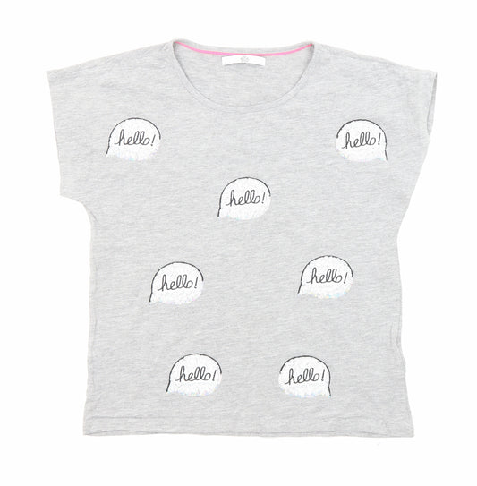 Marks and Spencer Girls Grey Cotton Basic T-Shirt Size 10-11 Years Round Neck Pullover - Hello, Sequins