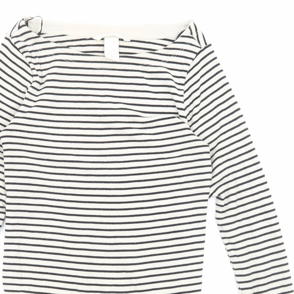 H&M Womens Ivory Striped Cotton Basic T-Shirt Size M Boat Neck