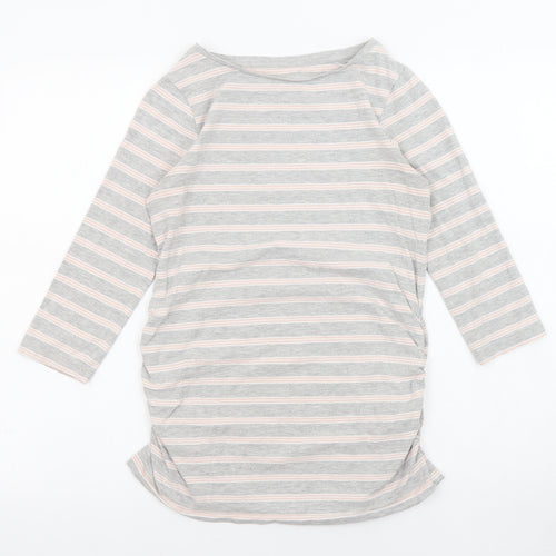 Blooming Marvellous Womens Grey Striped Cotton Basic T-Shirt Size S Round Neck - Ruched Sides