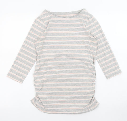 Blooming Marvellous Womens Grey Striped Cotton Basic T-Shirt Size S Round Neck - Ruched Sides