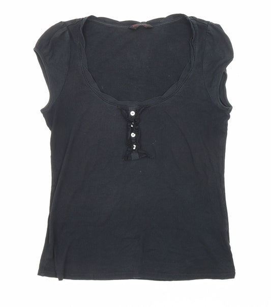 Miss Selfridge Womens Black Cotton Basic T-Shirt Size 14 Scoop Neck - Ruffle Detail, Buttons