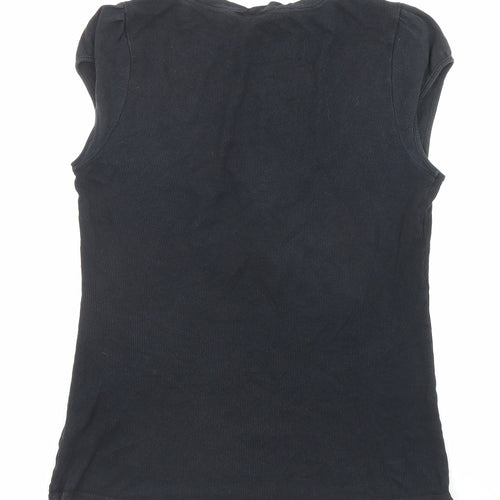 Miss Selfridge Womens Black Cotton Basic T-Shirt Size 14 Scoop Neck - Ruffle Detail, Buttons