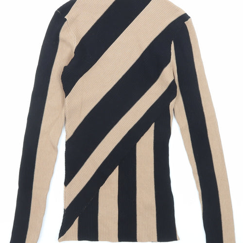 Michelle Keegan Womens Brown High Neck Striped Viscose Pullover Jumper Size 8 - Ribbed
