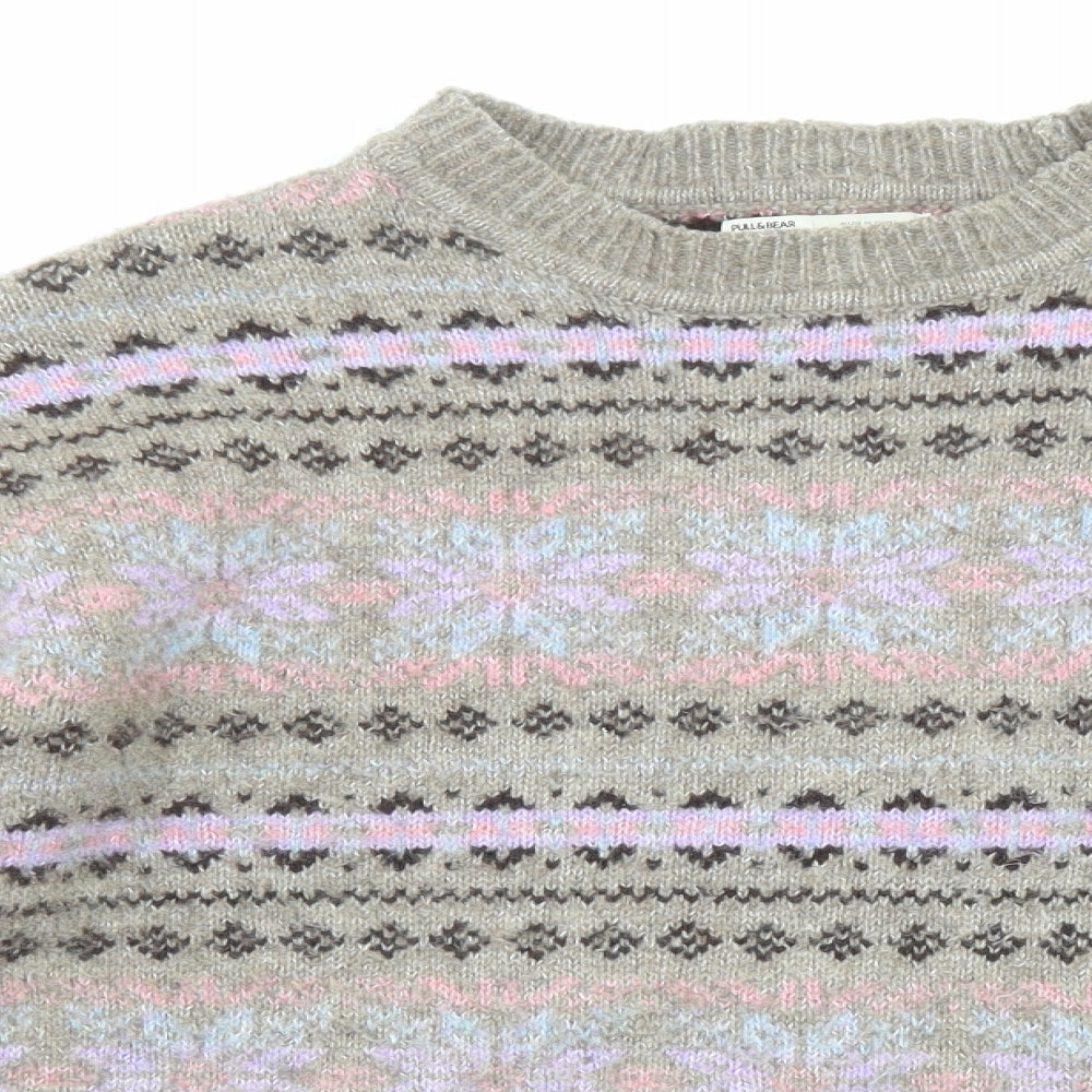 Pull&Bear Womens Multicoloured Crew Neck Fair Isle Polyester Pullover Jumper Size L - Cropped Snowflake