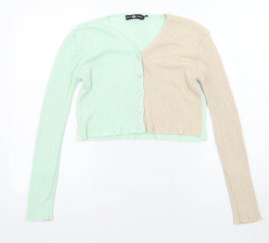 Daisy Street Womens Green V-Neck Acrylic Cardigan Jumper Size 12 - Colour Block Ribbed Button