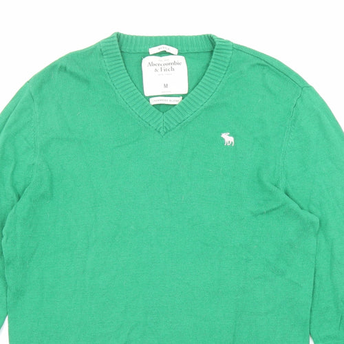 Abercrombie & Fitch Mens Green V-Neck Cotton Pullover Jumper Size M Long Sleeve