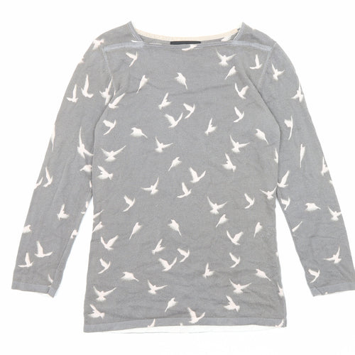 NEXT Womens Grey Square Neck Geometric Cotton Pullover Jumper Size 8 - Bird print