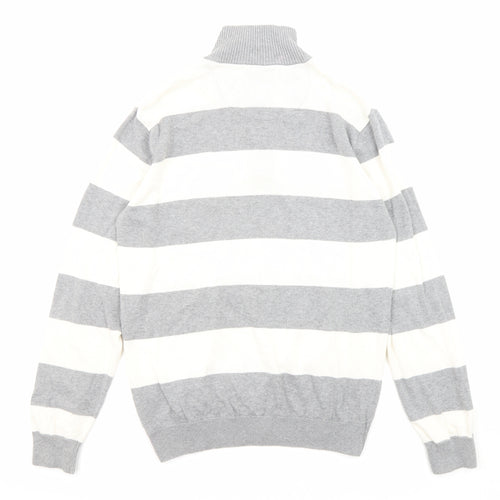BHS Mens Grey High Neck Striped Cotton Pullover Jumper Size S Long Sleeve