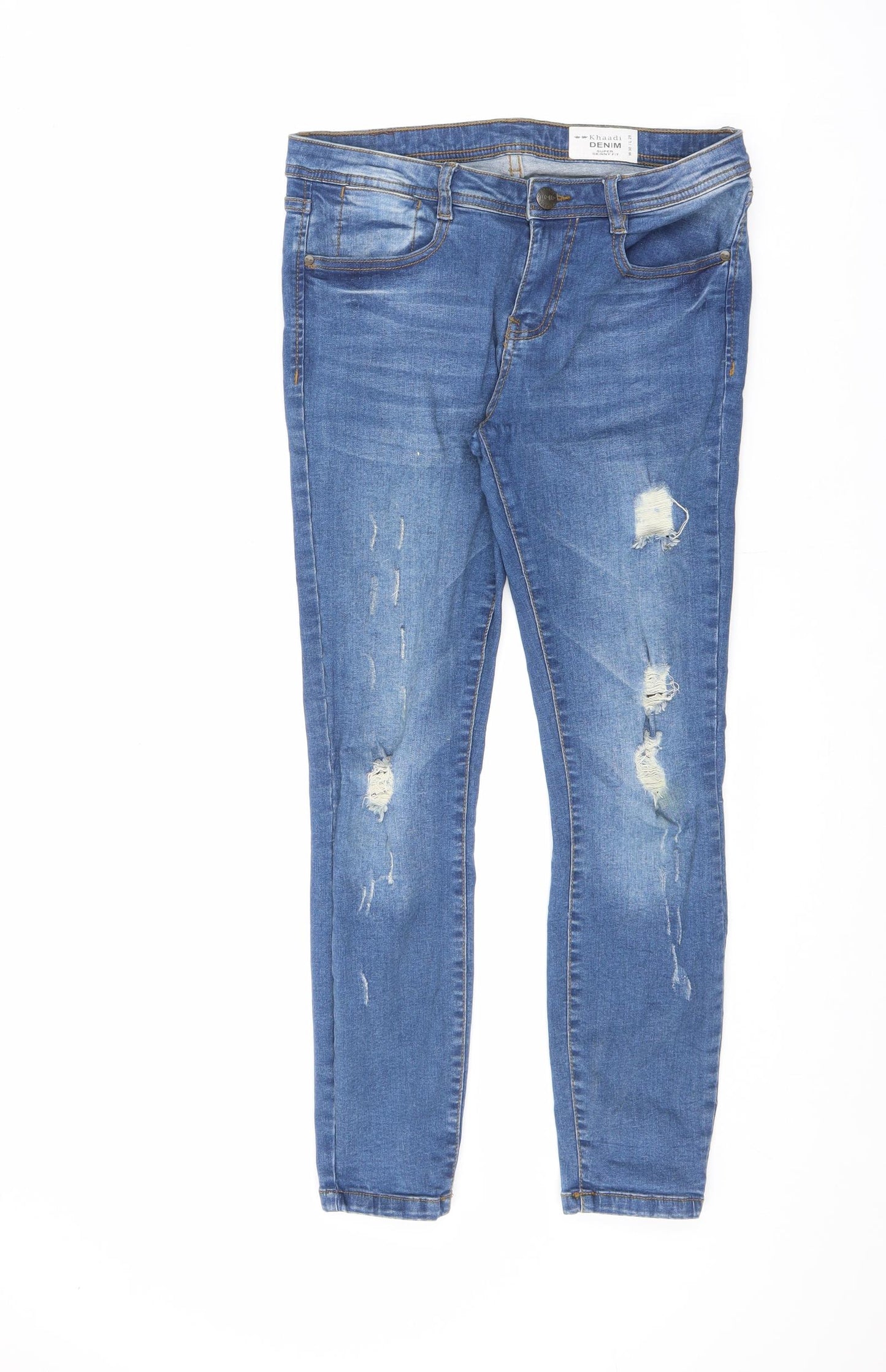 Khaadi Mens Blue Cotton Skinny Jeans Size 30 in L28 in Slim Zip