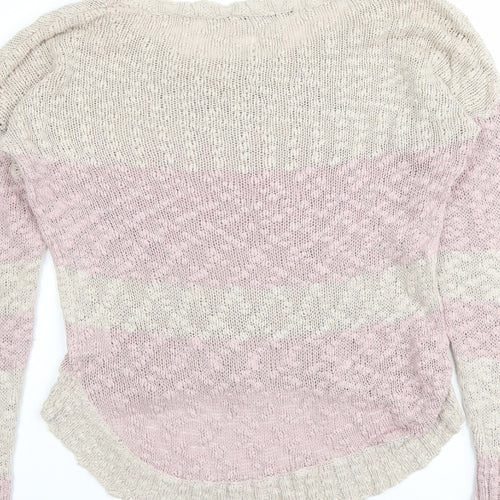 Crafted Womens Pink Round Neck Striped Cotton Pullover Jumper Size 12 - Heart