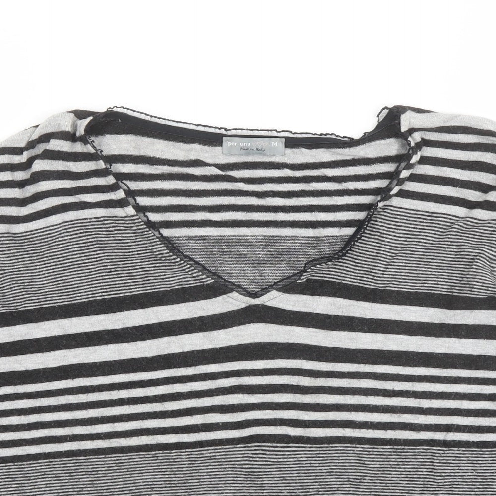 Per Una Womens Grey V-Neck Striped Viscose Pullover Jumper Size 14