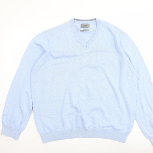 Marks and Spencer Mens Blue V-Neck Cotton Pullover Jumper Size XL Long Sleeve