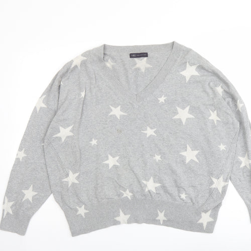 Marks and Spencer Womens Grey V-Neck Geometric Cotton Pullover Jumper Size XL - Star Pattern